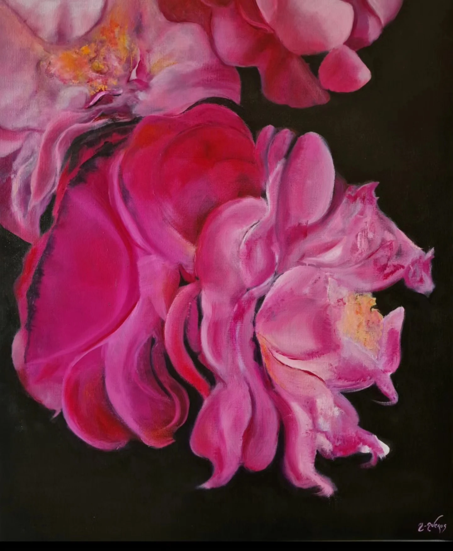 Roses fuchsia — peinture à l'huile sur fond noir par Muriel Averos