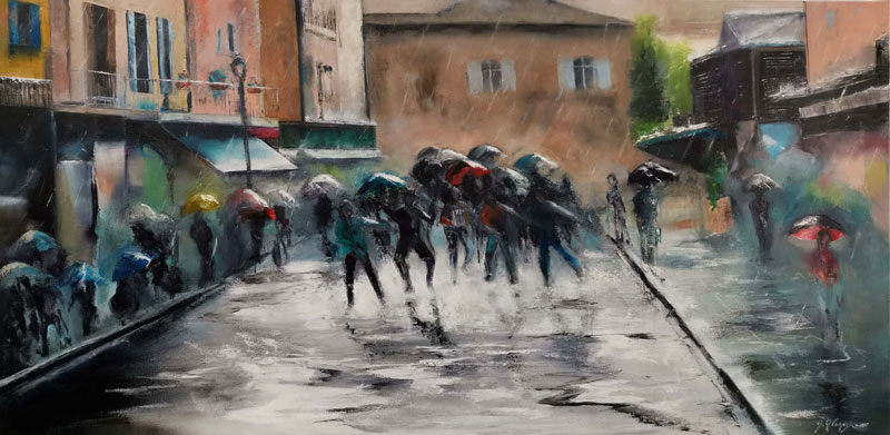 Danse sous la pluie, peinture à l'huile