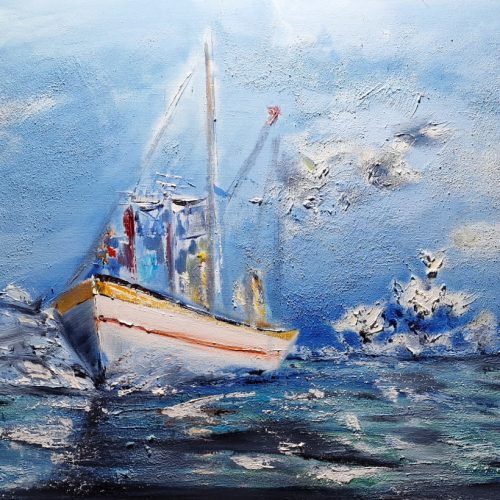 Retour de pêche 65x54 15P, tableau à l'huile de l'artiste peinture Muriel Averos